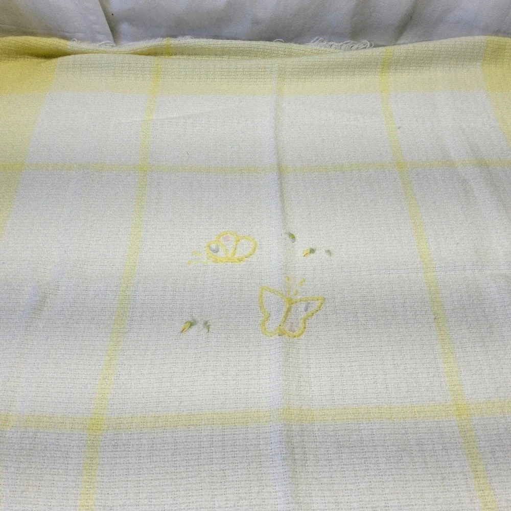 The Three Weavers Butterfly Plaid Baby‎ Blanket Yellow Fringed Embroidered